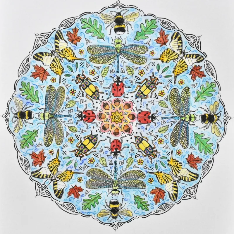 hand drawn pen and ink mandala with insects such as bees, dragonflies, ladybugs, butterflies, beetles