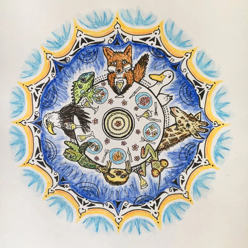 hand drawn pen and ink mandala with fox, duck, giraffe, eagle, sloth, lizard, praying mantis, turtle