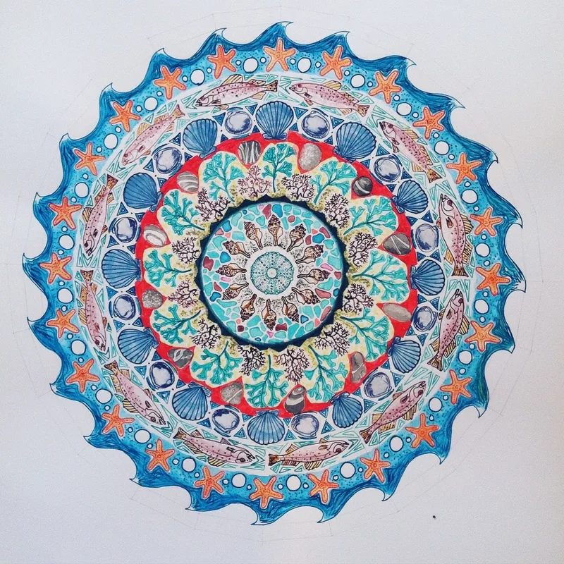 hand drawn pen and ink mandala with waves, seashells, starfish
