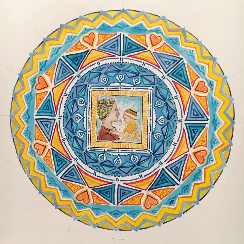 hand drawn pen and ink mandala with mother and child, kente cloth, hearts