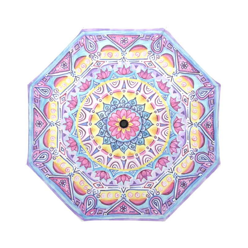 umbrella with hand-drawn pen and ink mandala design, with hearts, flowers, rainbow colors