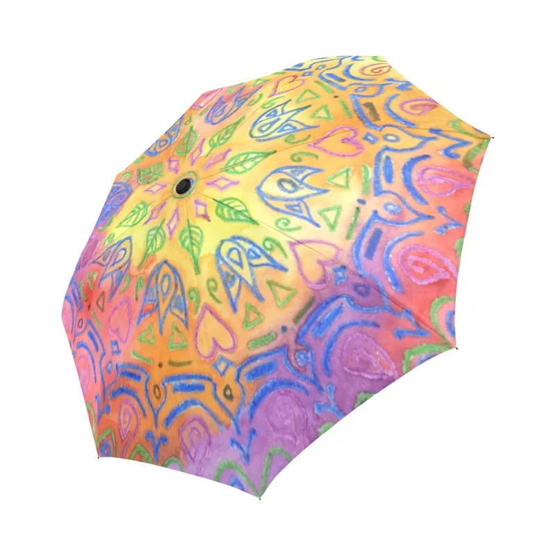 umbrella with hand-drawn mandala design, with hearts, flowers, rainbow colors