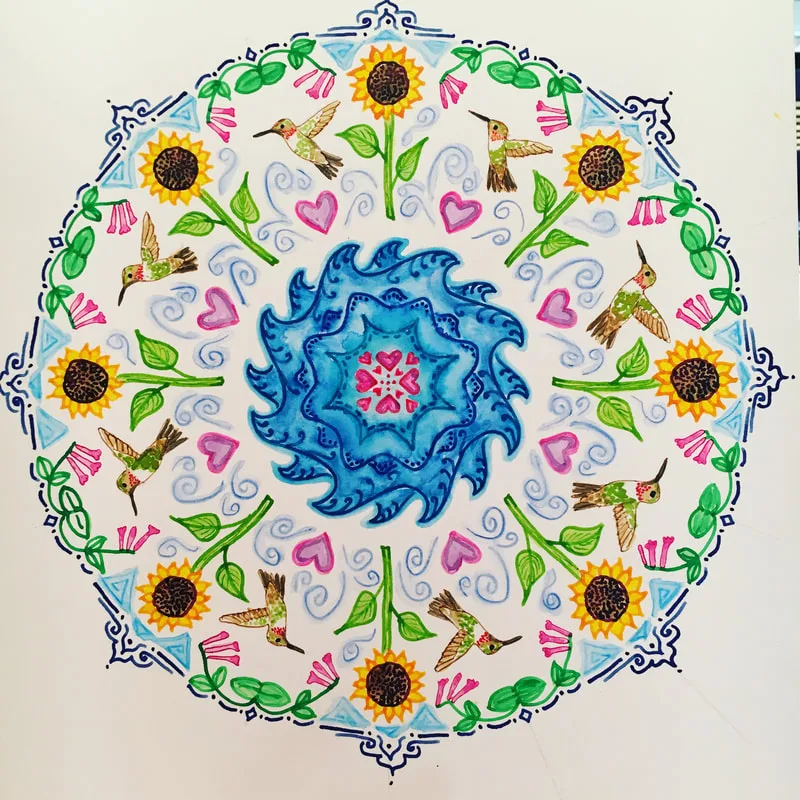 hand drawn pen and ink mandala with sunflowers, hummingbirds, waves, honeysuckle