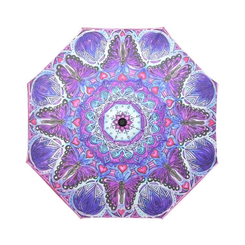 umbrella with hand-drawn pen and ink mandala design, with butterflies, flowers