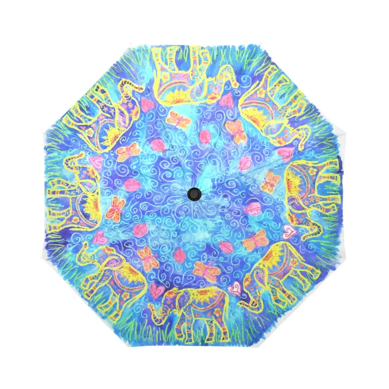 umbrella with hand-drawn mandala design, with hearts, flowers, elephants