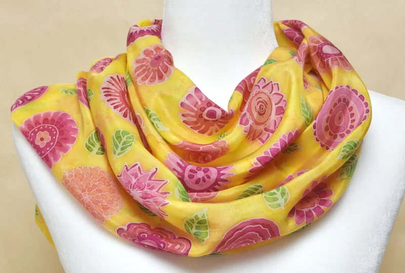hand-painted flower mandala silk scarf, with daisies, roses, peonies, dahlias