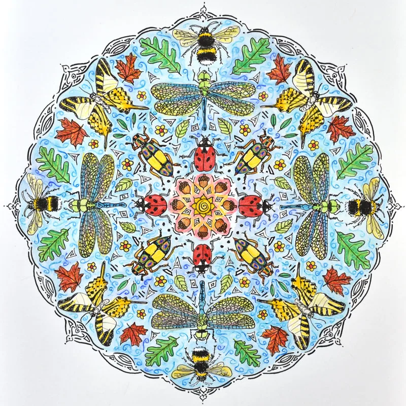 bee butterfly dragonfly ladybug beetle acorn leaf mandala