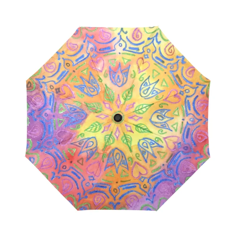 umbrella with hand-drawn mandala design, with hearts, flowers, rainbow colors