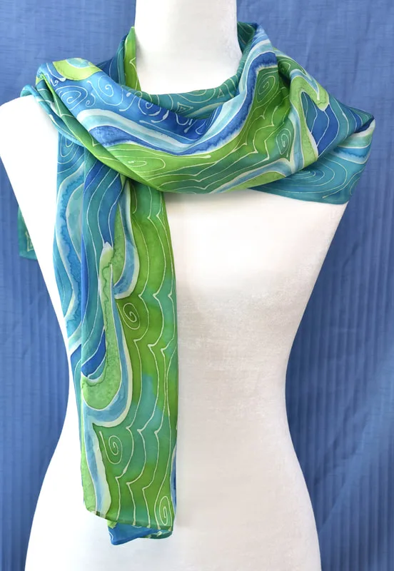 hand-painted silk scarf with ocean waves
