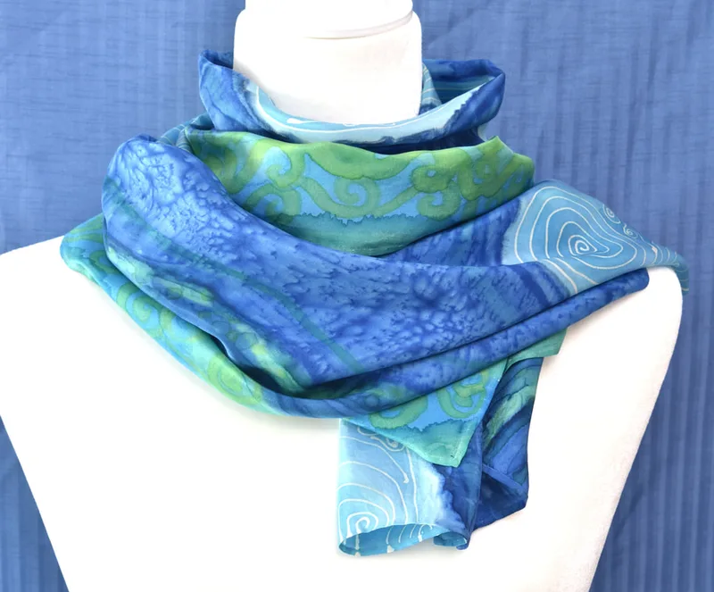 hand-painted silk scarf with ocean waves