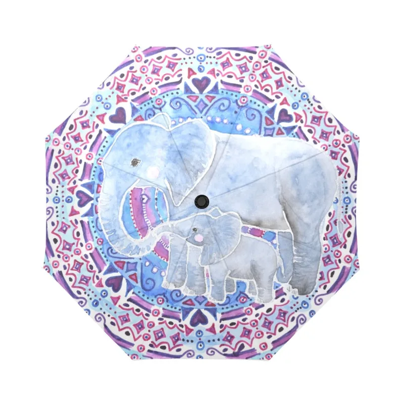 umbrella with hand-drawn watercolor mandala design, with mother and baby elephant