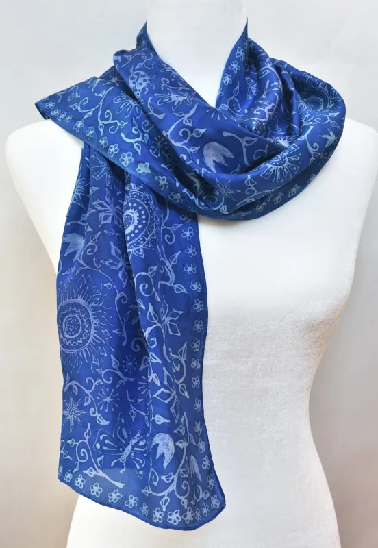 hand-painted silk scarf with flowers, vines, leaves