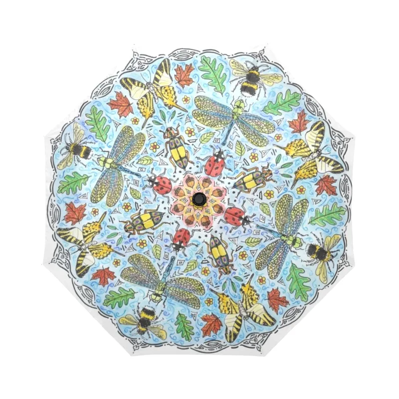 umbrella with hand-drawn mandala design, with ladybugs, beetles, bees, butterflies