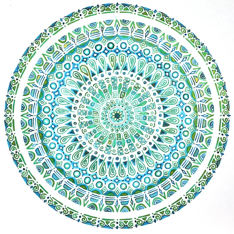 pen and ink green blue mandala