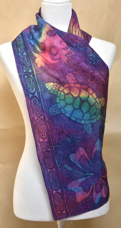 hand-painted silk scarf with Hawaiian images, such as turtle, pineapple, wave, hibiscus, philodendron