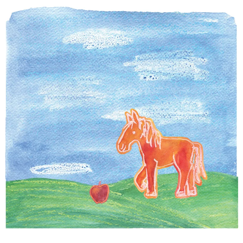 horse, apple, sky, watercolor, children's book, illustration