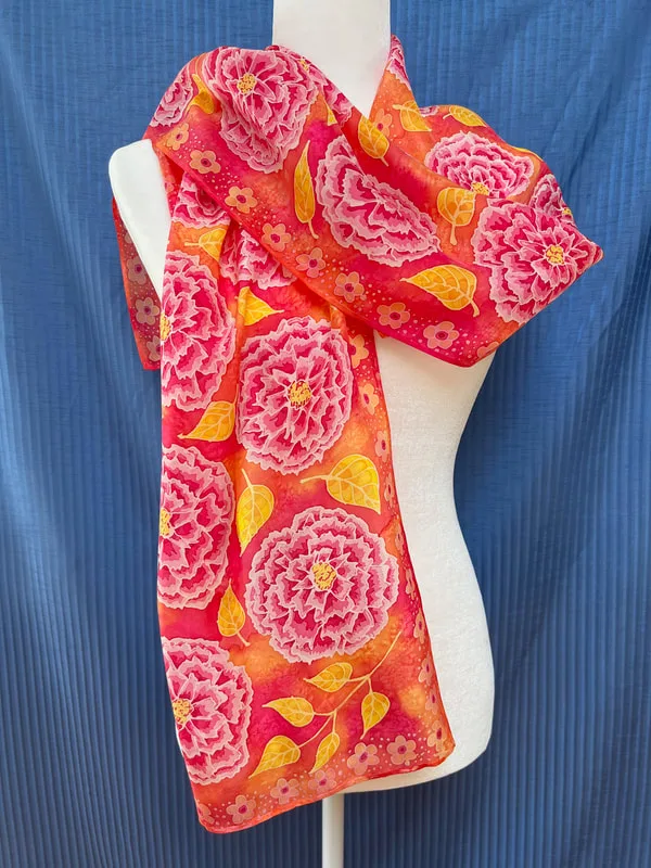 hand-painted silk scarf with peonies