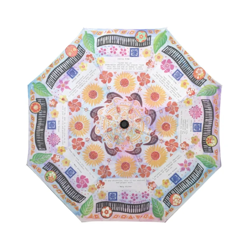 umbrella with mixed media mandala, collage, drawing, hand-carved stamps