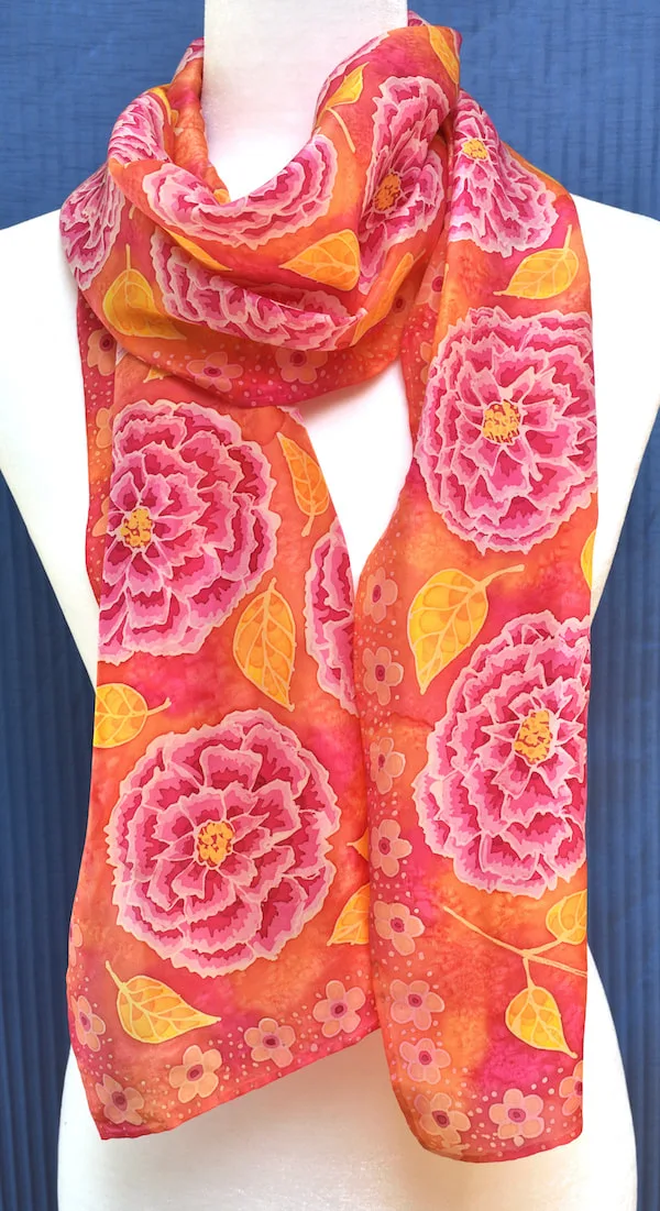 hand-painted silk scarf with peonies