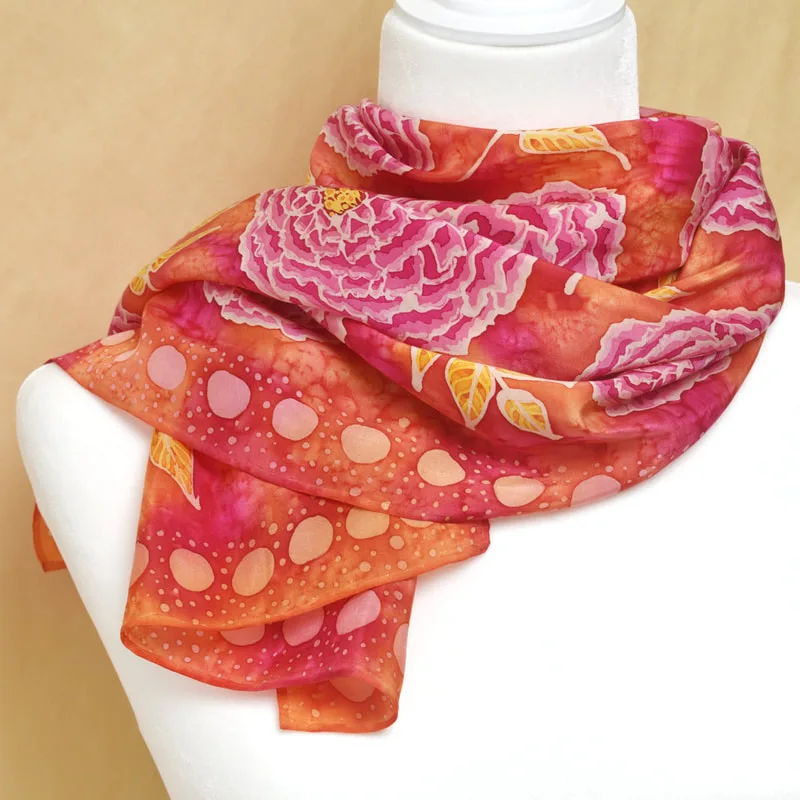 hand painted silk scarf with peonies and leaves