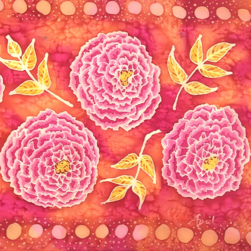 hand painted batik silk scarf with peonies