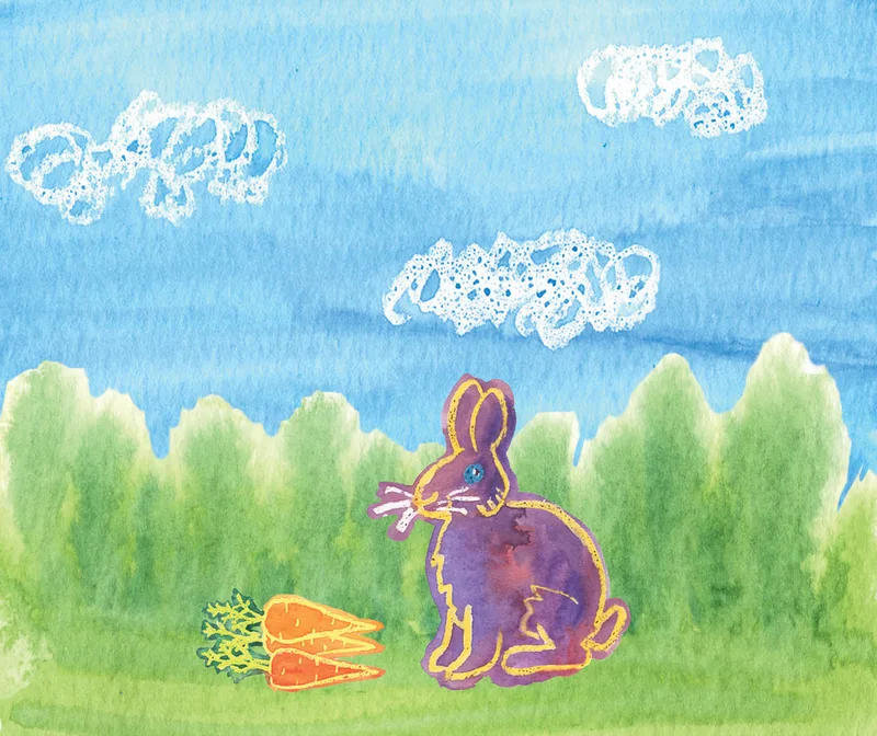rabbit, carrots, clouds, watercolor, illustration, children's book