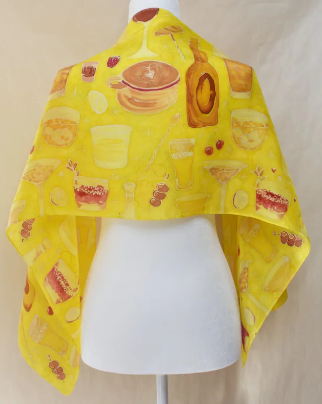 hand-painted silk scarf with cocktails, beer, coffee