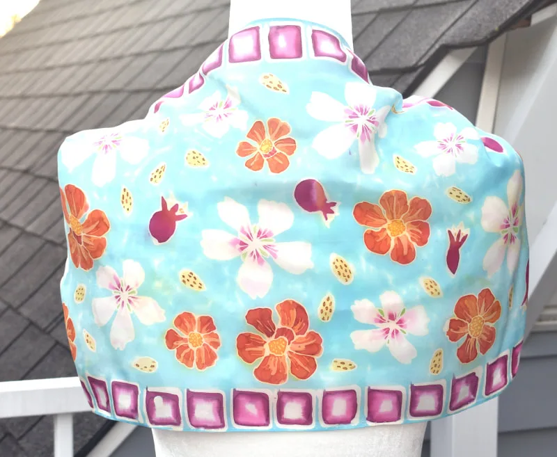Hand-painted silk scarf with pomegranate fruits and flowers