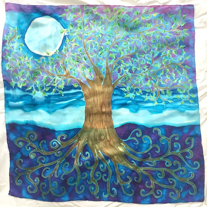 hand-painted silk scarf with tree of life