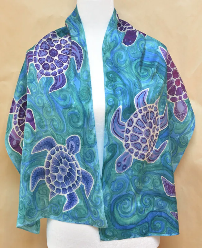 hand-painted silk scarf with sea turtles