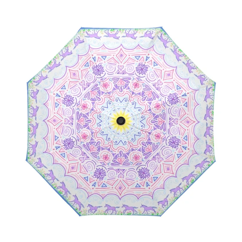 umbrella with mandala design, with unicorns, flowers, hearts